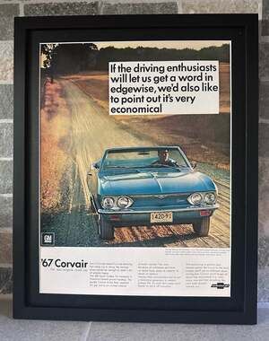Framed Blue Corvair Monza Convertible 1967 Vintage Print Ad